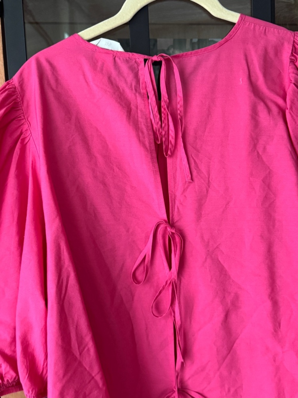 H&M blouse bows puff short sleeve cotton poplin tie back hot pink top flowy - Picture 7 of 8
